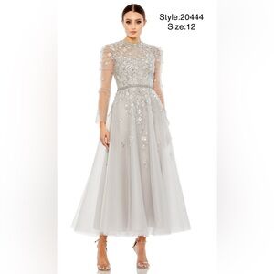 Embellished gathered long sleeve a-line gown